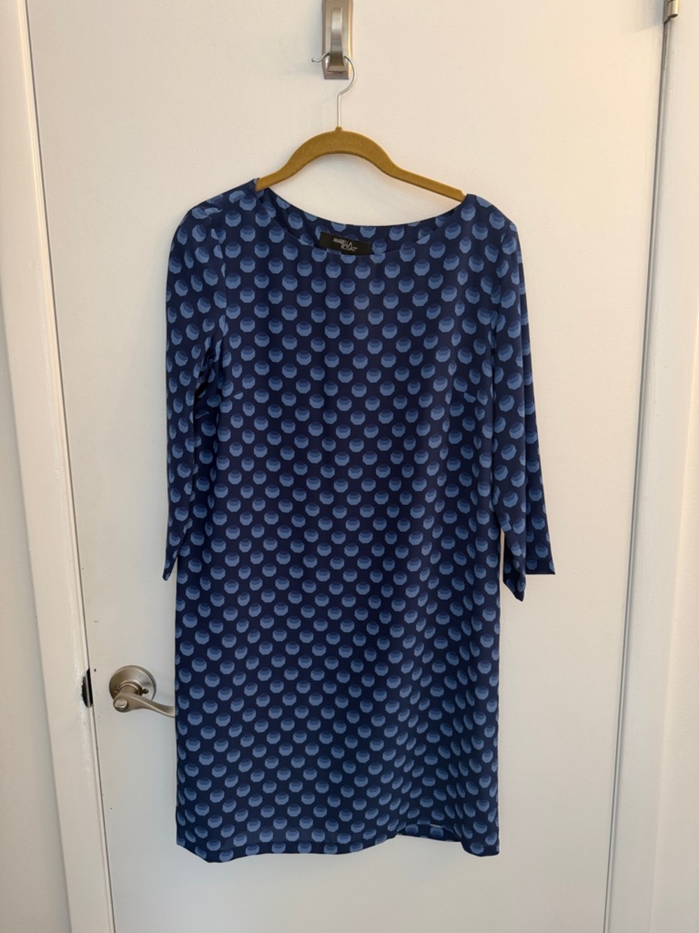 Blue Patterned Midi Dress with 3/4 Sleeves